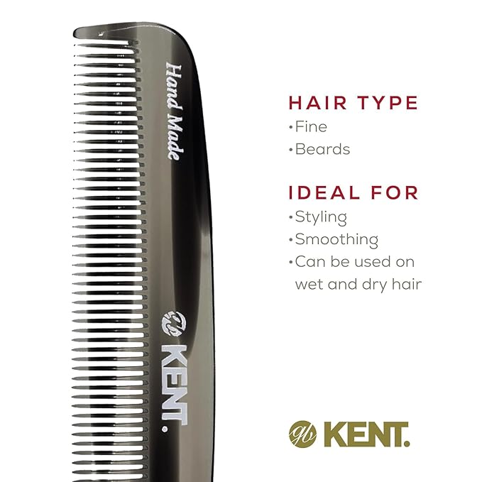Kent 7T G All Fine Tooth Pocket Comb - Handmade Hair Grooming and Styling Comb for Travel, Mustache, Beard - Saw Cut and Hand Polished for Wet or Dry Use with Balms
