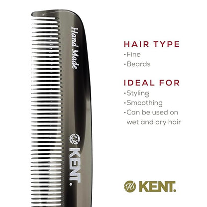 Kent 7T G All Fine Tooth Pocket Comb - Handmade Hair Grooming and Styling Comb for Travel, Mustache, Beard - Saw Cut and Hand Polished for Wet or Dry Use with Balms