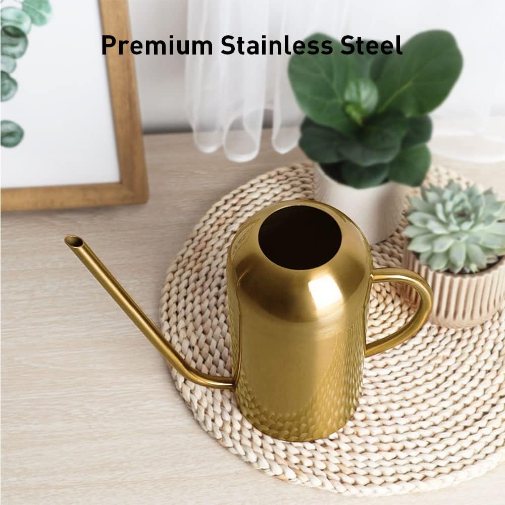 Watering Can Indoor Plants, 50 oz/1500 ml Metal Stainless Steel Watering Can Pot with Long Spout for Indoor House Plants Bonsai Outdoor Garden Flower Decorative(Copper) (Gold)