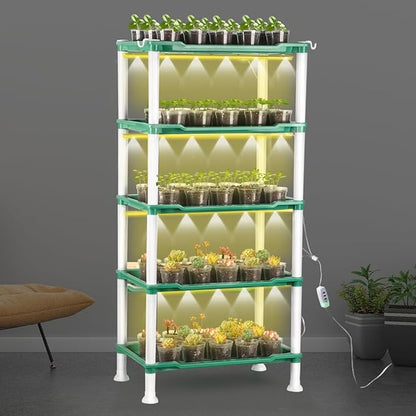 Seed Starter Tray Unit, 5-Tier Plant Stand with 4 LED Grow Lights & 90 Pack 2.5 Inch Clear Nursery Pots – for Indoor Gardening, Herb, Seedling Kits & Small Greenery
