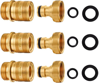 Garden Hose Quick Connect Solid Brass 3/4 inch GHT External Thread Easy Connect Fittings No-Leak Water Hose Male Quick Connector and Female product adapters (3 SETS)