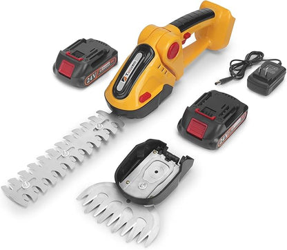 Hedge Trimmer Cordless, TOOVEM 2 in 1 Handheld Cordless Grass Shear with 2 Pcs Rechargeable Batterys and Charger, 24V Electric Weed Grass Cutter Shrubbery Trimmer for Garden, Lawn (Yellow)