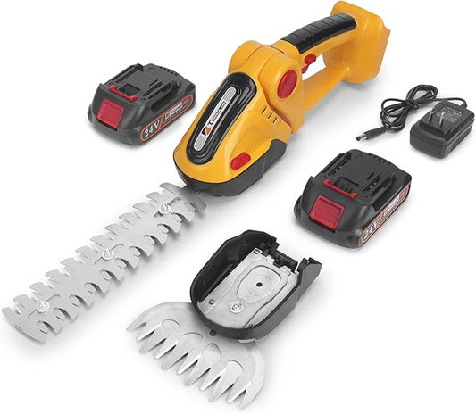 Hedge Trimmer Cordless, TOOVEM 2 in 1 Handheld Cordless Grass Shear with 2 Pcs Rechargeable Batterys and Charger, 24V Electric Weed Grass Cutter Shrubbery Trimmer for Garden, Lawn (Yellow)