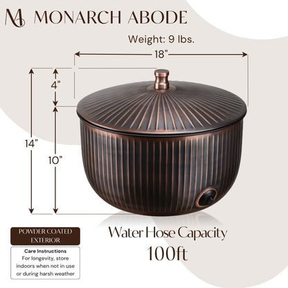 Monarch Abode Decorative Garden Hose Holder with Lid, Antique Copper Storage for Outdoor Use, 100 ft Water Hose Pot for Outside, Ridge Embossed Metal Pot with Drainage, Garden Storage Organizer
