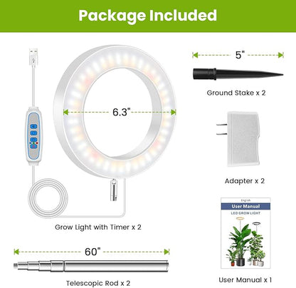 White Grow Light, Full Spectrum LED Plant Lights for Indoor Growing with 6/12/16H Timer, 3 Color Modes, 5 Brightness, 10"-65" Height Adjustable Growing Lamp for Large Indoor Plants, 2 Pack