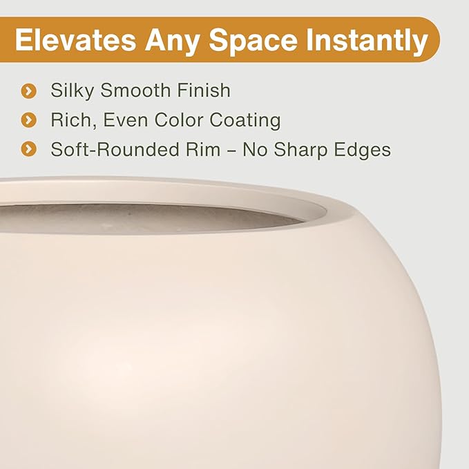 9.7" H x 12" D Globo Fiberstone Round Planter with Drainage Hole, Weather Resistant, Planters for Indoor Plants & Outdoor, 2 Extra Coco Mats (Kilim Beige, 7.8" Pot Opening)