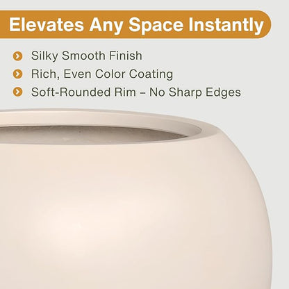 9.7" H x 12" D Globo Fiberstone Round Planter with Drainage Hole, Weather Resistant, Planters for Indoor Plants & Outdoor, 2 Extra Coco Mats (Kilim Beige, 7.8" Pot Opening)