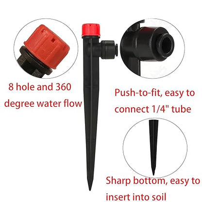 50 Pack Quick-Connect Irrigation Drippers for 1/4'' Irrigation Tubing 8 Hole Sprinkler Heads Push-to-Fit Drip Irrigation 360 Degree Adjustable Drip Emitters with Stake for Garden Patio Flower(Red)