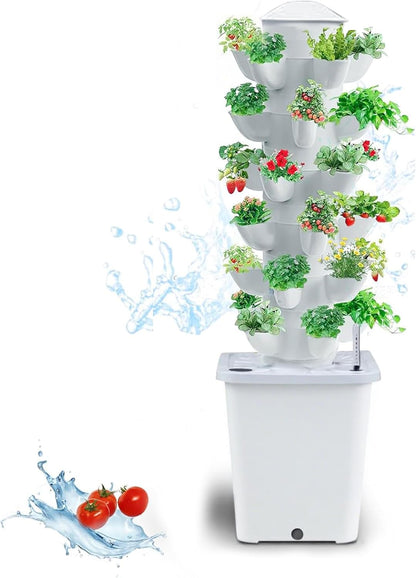 Hydroponics Tower Indoor Growing System Vertical Garden Planter Indoor Smart Garden Kit with Pump and Movable Water Tank Vegetable Plant Gift for Gardening Lover (White)