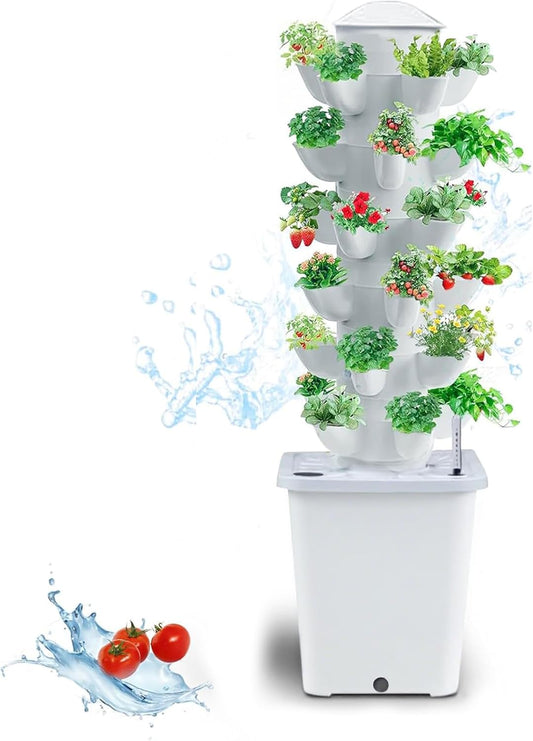Hydroponics Tower Indoor Growing System Vertical Garden Planter Indoor Smart Garden Kit with Pump and Movable Water Tank Vegetable Plant Gift for Gardening Lover (White)