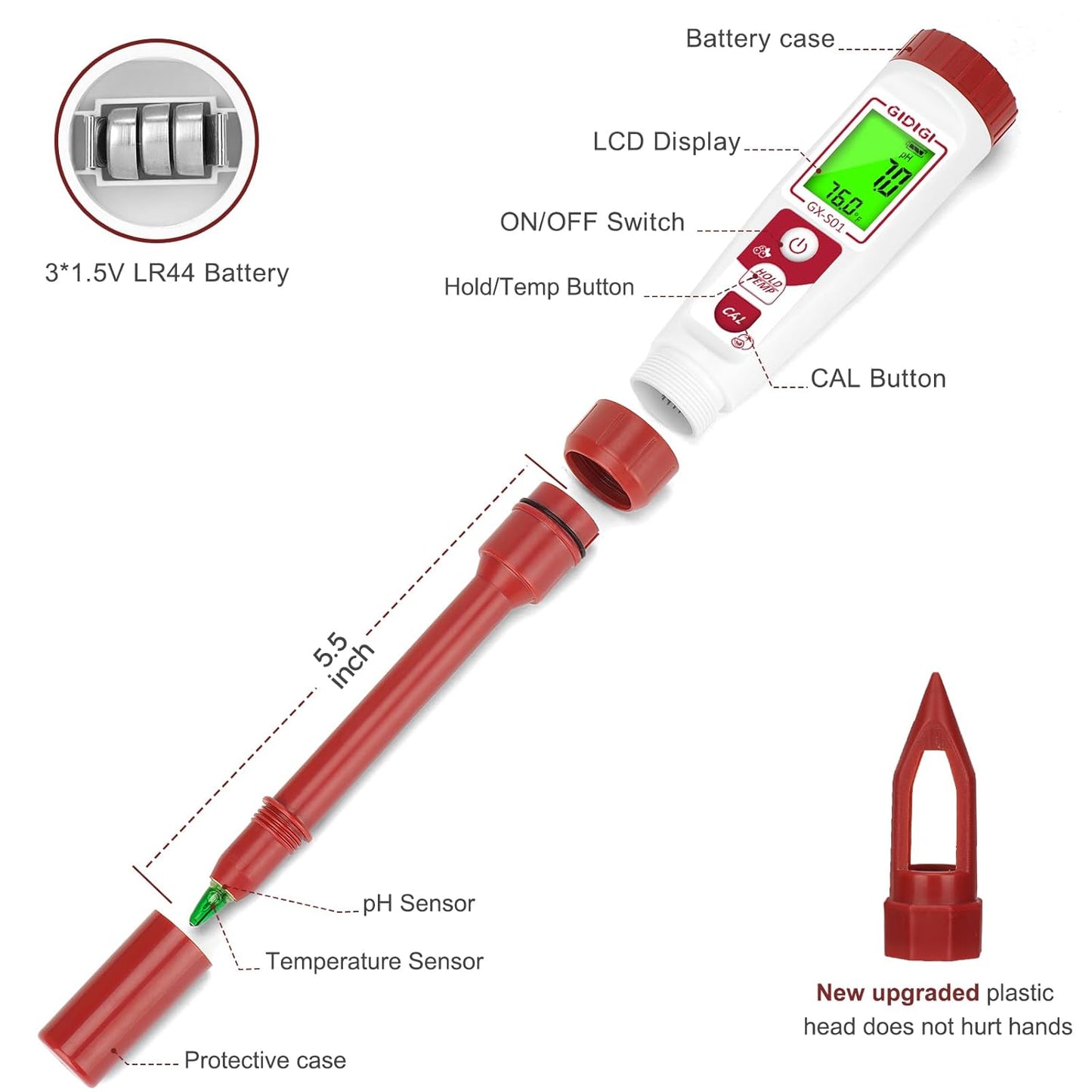 Soil pH Test Meter for Gardener, Direct Measurement Soil Test pH for House Plant, Digital Soil pH Meter and Temperature with High Accuracy for Garden, Grass,Lawn, Greenhouse,Outdoor and Yard Use