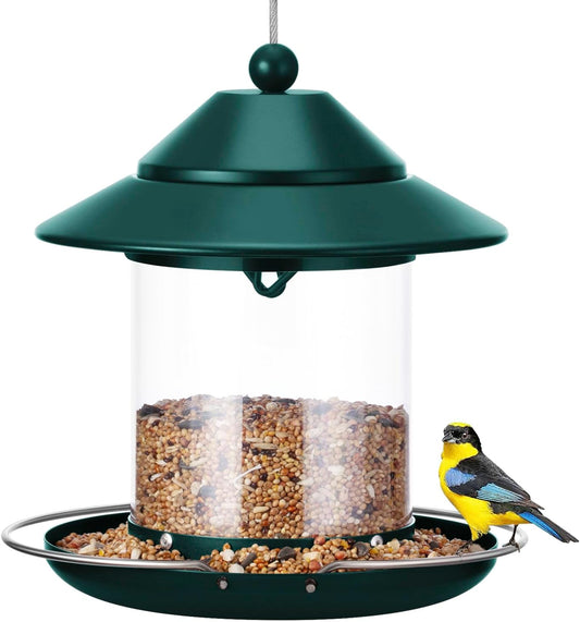 Metal Roof Bird Feeder, Hanging Bird Feeders for Outdoors with 2LB Clear Tube Seed Capacity for Viewing Cardinal Finch, 360° Feeding Wild BirdFeeders for Outside Garden Yard Decoration