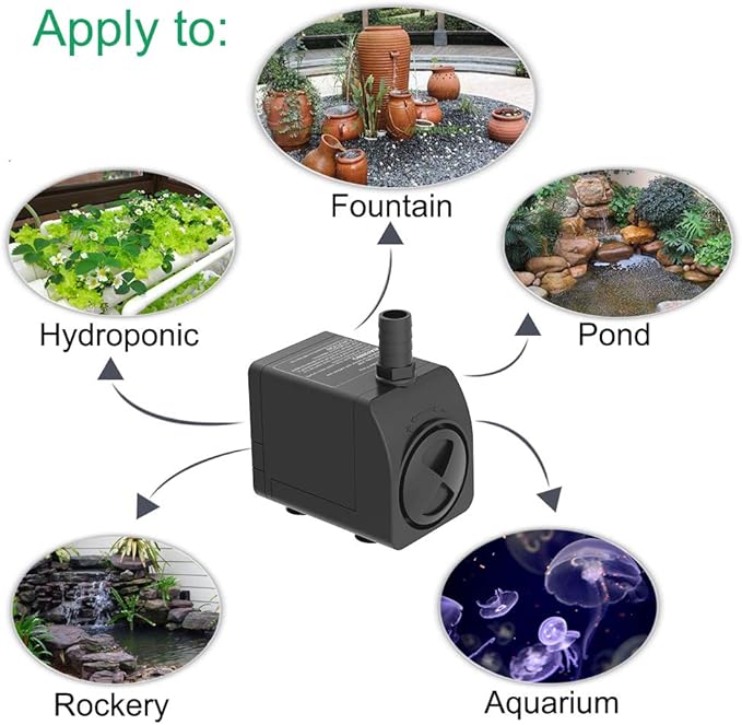 Submersible Pump 300GPH Ultra Quiet with Over Heating Protection 6ft High Lift for Fountains, Hydroponics, Ponds, Aquariums & More…