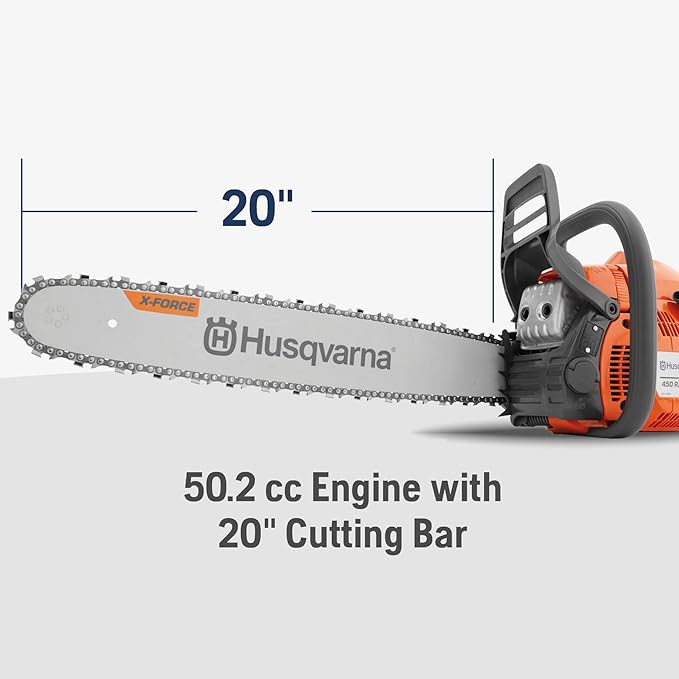 Husqvarna 450 Rancher 20 Inch Gas Chainsaw, 50.2-cc 3.2-HP, 2-Cycle X-Torq Engine, For Tree Pruning, Yard Cleanups and Firewood Cutting, 970613120