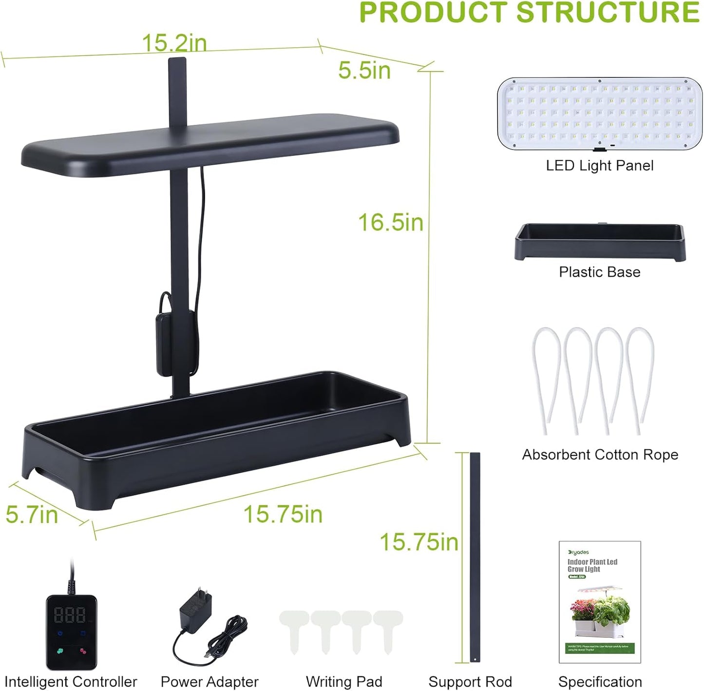 Indoor Garden Led Grow Light, Full Spectrum LED Grow Lamp for Indoor Plants with Intelligent Controller, Height Adjustable, Ideal for Home Desk Plant Lighting (Without Pots) (Black, 16.5*6.5*4 inch)