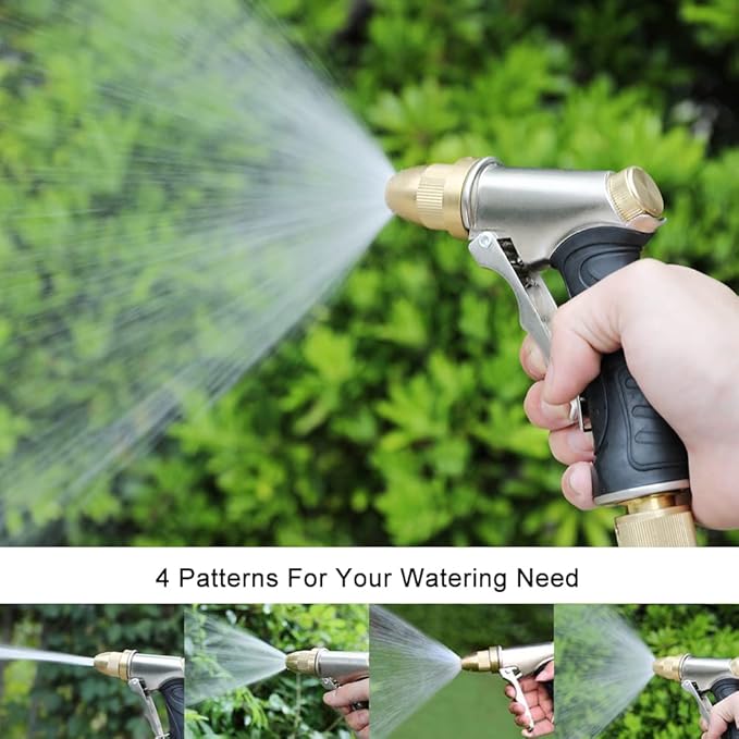 FANHAO Garden Hose Nozzle, 100% Heavy Duty Metal Spray Nozzle High Pressure Water Nozzle with 4 Patterns for Watering Garden, Washing Cars and Showering Pets - Full Brass Nozzle + ABS Non-Slip Grip
