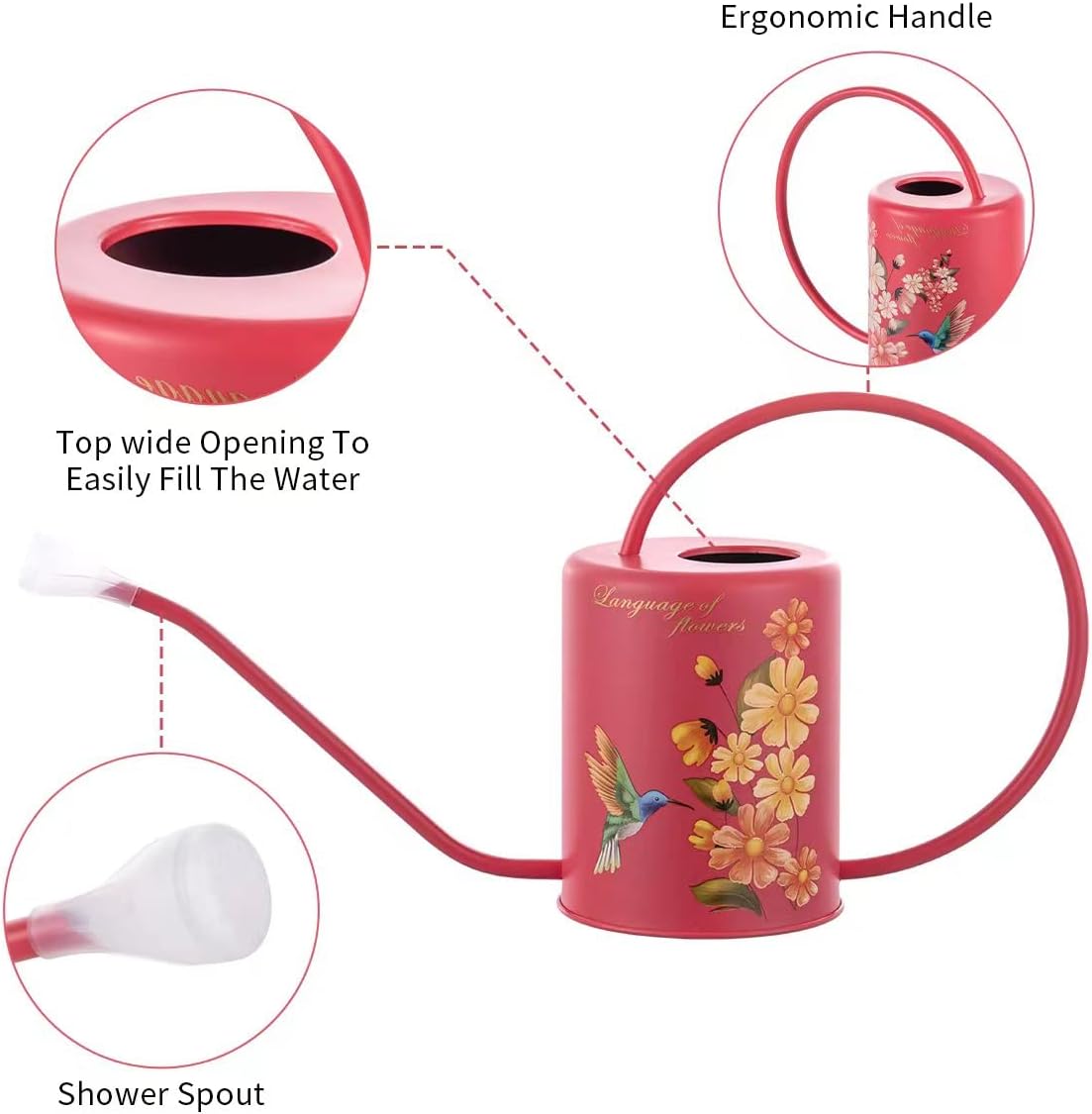 Yowon 1/2 Gallon 68oz Long Spout Stainless Steel Flower and Hummingbird Pattern Watering Can for Indoor Plant Watering or Outdoor Gardening with 2 Removable Spray Spout for Flowers Plant,Red,YW0414RP