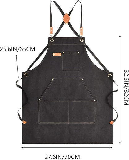 Canvas Aprons for Men Chef Apron, Work Apron with Large Pockets - 16oz Heavy Duty Cross Back, BBQ, Cooking