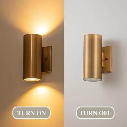 Up and Down Lights Outdoor, Modern Gold LED Outdoor Wall Lights Fixture in 2 Lights, 7 inch Cylinder Exterior Light Fixture Wall Mount for Porch Patio Garage House Entryway