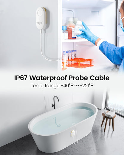 MOCREO WiFi Remote Thermometer Freezer Alarm, 1/3 Mile Long Range, with IP67 Waterproof Probe, App Email Alert, with Digital Monitor Hub, 2 Smart Temperature Sensors for Hot Tub, Pool, RV, Pet Cage