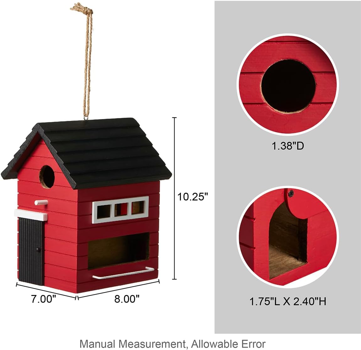 Glitzhome Hanging Bird House for Outside,10.25" H Modern Hand Painted Wooden Bird Houses for Outdoors, Functional and Decorative Bluebird Birdhouses Outdoor Garden Birdhouse, Red