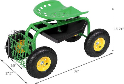 IRONMAX Garden Cart with Seat, Gardening Rolling Stool Scooter w/Wheels, Tool Tray and Basket for Planting, Wheeled Outdoor Gardening Work Seat for Patio, Yard (Green)