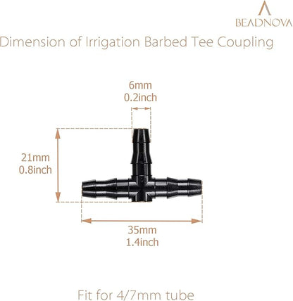 BEADNOVA Drip Irrigation Parts 60 Pcs 1/4 Inch Barbed Tee Couplings Fittings Drip Line Connectors for 1/4 Inch Irrigation Tubing Garden Watering System (60pcs)