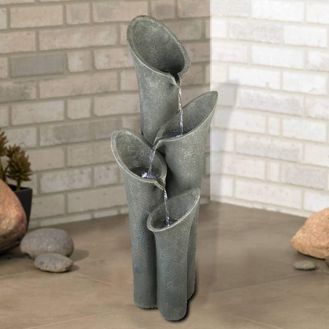 4-Tier Faux Stone LED Floor Fountain, 33.5 Inch Waterfall Outdoor Fountain LED Illuminated Water Feature for Patio Garden