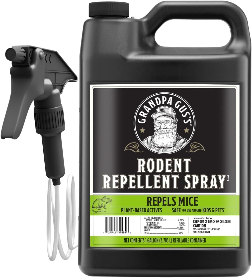 Grandpa Gus's Rodent Repellent Spray with Sprayer, Natural Peppermint & Cinnamon Oils Repel Mice and Stop Rats, 1 Gallon (Pack of 1)