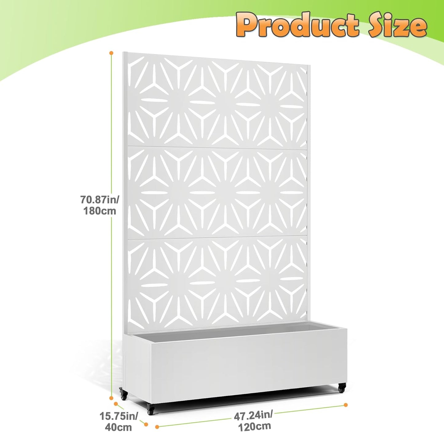 Metal Raised Garden Bed with Trellis, 2 in 1 Trellis with Planter Box & Privacy Screen for Climbing Plants, Vine, Outdoor Standing Flower Beds with Drainage Holes,47.2"L x 16.7"W x 70.8"H,(White-Star)