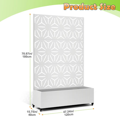 Metal Raised Garden Bed with Trellis, 2 in 1 Trellis with Planter Box & Privacy Screen for Climbing Plants, Vine, Outdoor Standing Flower Beds with Drainage Holes,47.2"L x 16.7"W x 70.8"H,(White-Star)