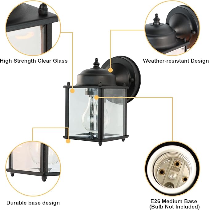 Kalium Outdoor Porch Lights Sconce, Black Exterior Lighting Fixtures Waterproof, Wall Light Fixture with E26 Socket & Glass Shade, Modern Outdoor Lanterns for Patio Front Door