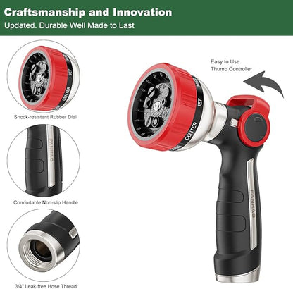 FANHAO Heavy Duty Garden Hose Nozzle, 100% Metal Water Hose Sprayer with 9 Spray Patterns, Thumb Control, On Off Valve, High Pressure Water Nozzle for Lawn/Garden Watering, Car & Pets Washing