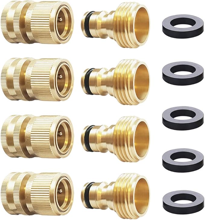 HQMPC Garden Hose Quick Connect Solid Brass Quick Connector Garden Hose Fitting Water Hose Connectors 3/4 inch GHT (4Sets)