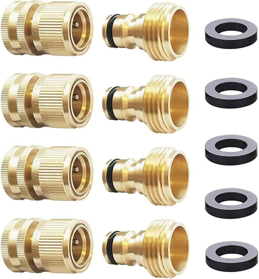 HQMPC Garden Hose Quick Connect Solid Brass Quick Connector Garden Hose Fitting Water Hose Connectors 3/4 inch GHT (4Sets)