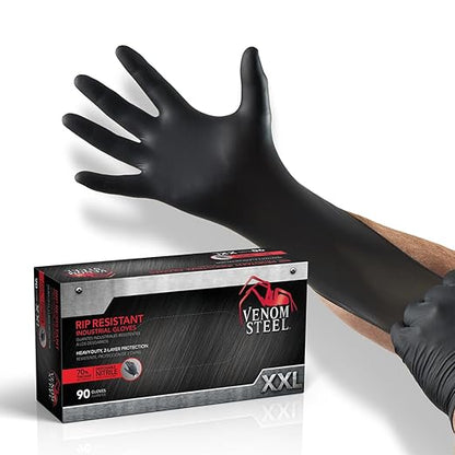 Venom Steel Nitrile Gloves, 6 mil Disposable Latex Free Black Gloves, 2 Layer Rip Resistant Gloves, XX-Large (Pack of 90)