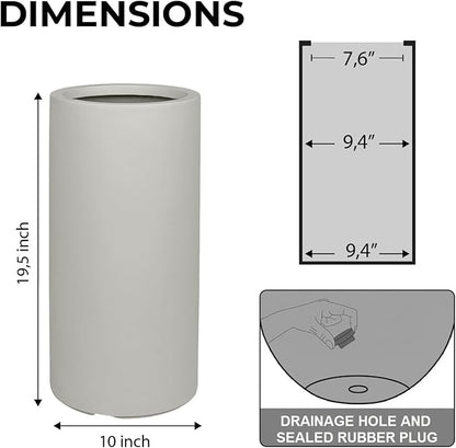 19.5" H x 9.8" D Tubo Fiberstone Cylinder Tall Planter with Drainage Hole, Smooth Finishes, for Indoor and Outdoor Use, Included 2 Extra Coco Mats (Light French Gray, 8.2" Pot Opening)