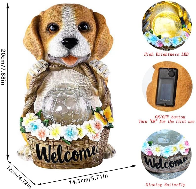 Solar Dog Statue for Outdoor Light Garden Yard Decor - Pupppy Figure for Decoration Gifts for Granpa Birthdays & Dog Lovers