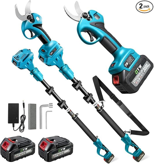 Electric Pruning Shears with Pole 1.4-2.0 Cutting Diameter & 2-IN-1 Electric Pole Pruner,2PCS 21V 3.0Ah Batteries,Brushiless Motor,4 Modes Adjustable Branches Cutter for Flower, Tree Trimming(Blue)