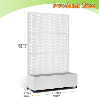 Metal Raised Garden Bed with Trellis, 2-in-1 Planter Box & Privacy Screen for Climbing Plants, Outdoor Standing Flower Bed with Drainage Holes, 47.2" L x 16.7" W x 70.8" H, White-Brick