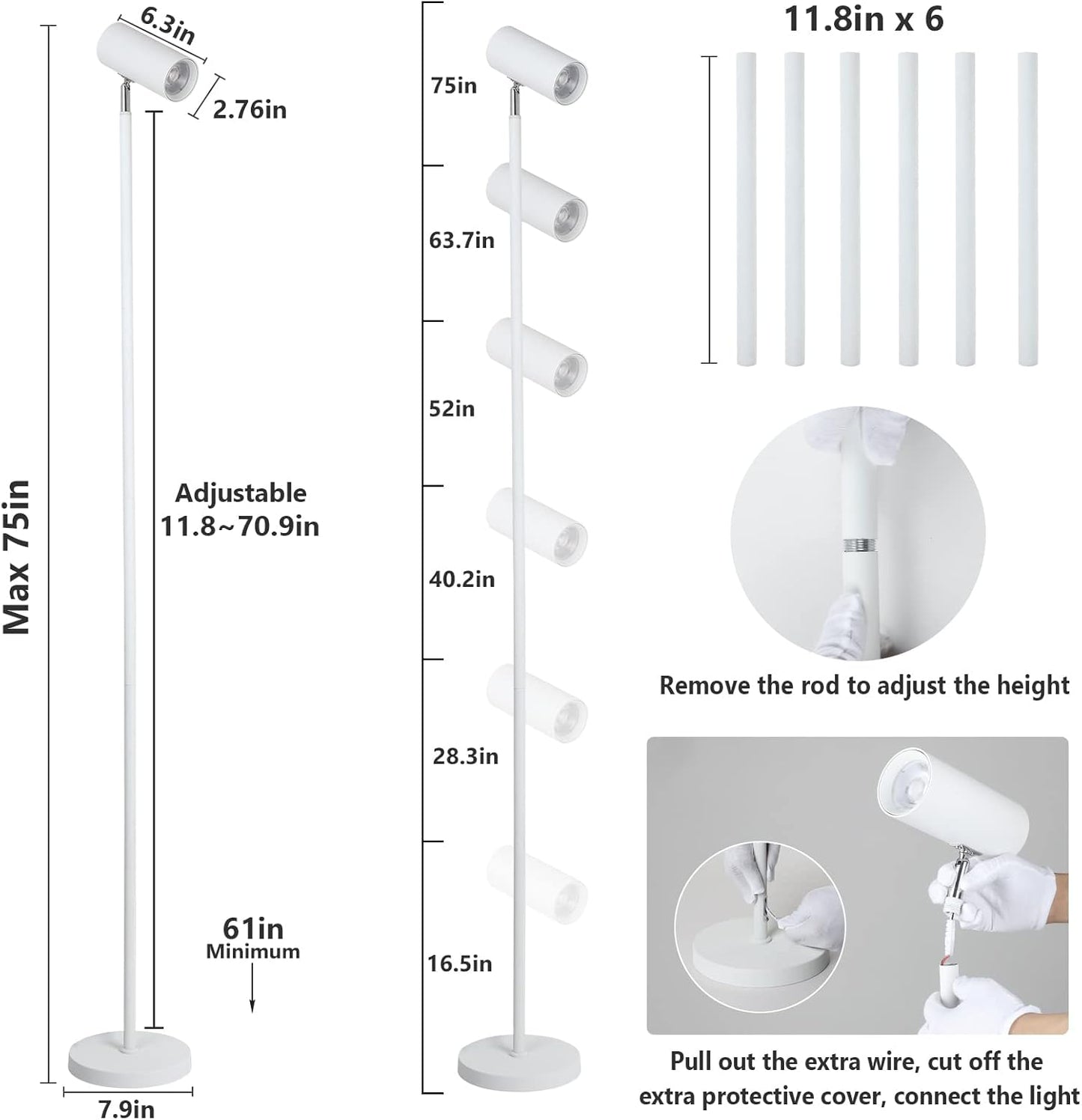 HMVPL White Grow Lights for Indoor Plants Full Spectrum,Tall Plant Light for Indoor Growing with 20W COB Plant Light Bulb,4/8/12H Timer,Led Growth Floor Lamp for Large Plant Seedling(6 Level Height)