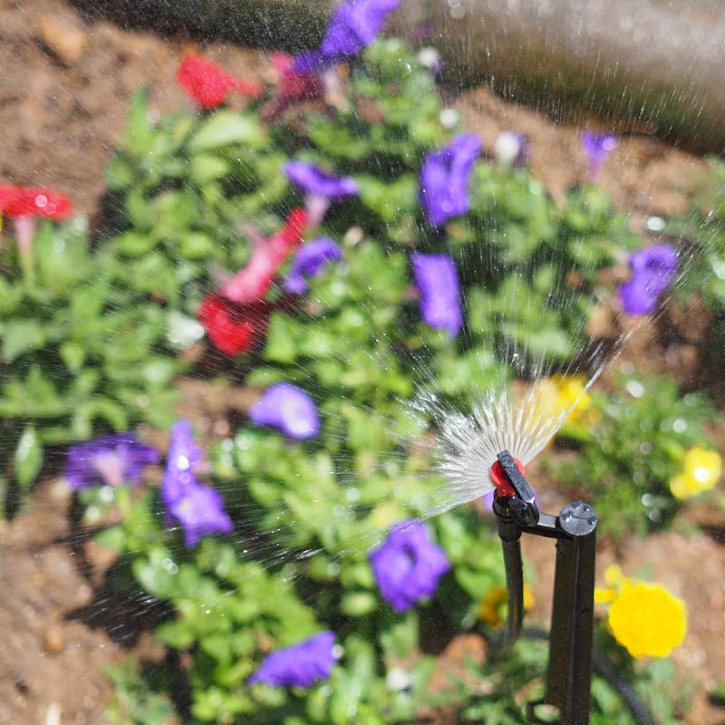 Drip Irrigation Micro Spray Emitter on 20 inch Stake with 1/4" Tubing and Barbed Coupler 180° Half Circle Pattern, 8.5’ Spraying Distance