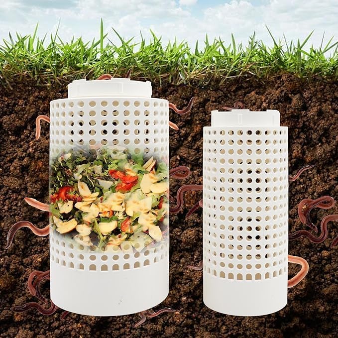Inground Garden Compost Bin Underground Worm Farm Compost Bin Reducing Food Waste Composting Systems Suitable for Garden, Vegetable Patch, Backyard (White, 11.81 x 6.3 x 6.3 Inch)