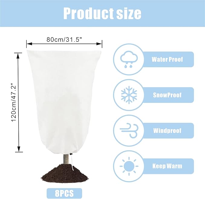 8 Pack Plant Covers Freeze Protection, 31.5"x47.2" Frost Blankets with Zipper Drawstring, Winter Cold Weather Plant Protection Jacket for Outdoor Plants Potted Shrubs Trees from Freeze Animals, White