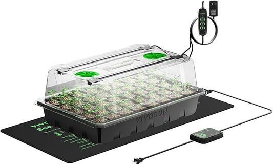 VIVOSUN 1-Pack 40-Cell Seed Starter Trays with 1 Set of LED Lights and 10"x20.75" Seedling Heat Mat, 3.6" Higher Cover, Adjustable Vents, Drainage Holes, Green Propagation Tray for Planting Seeds
