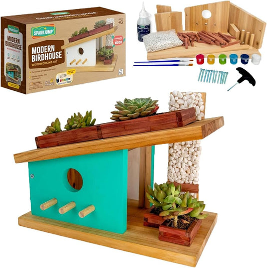 SparkJump Modern Birdhouse Woodworking Kit, Complete DIY Birdhouse for Kids & Adults, Build Your Own BirdhouseKit for Creative Woodworking Crafts