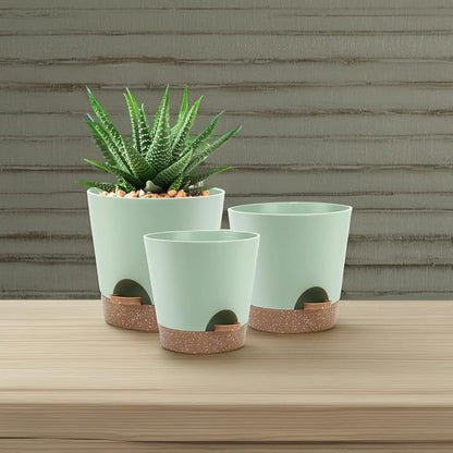 Indoor Self Watering Planters with Drainage Holes and Saucers, 9,8, 7.5 Inches, Green, 3 Pots (Springgreen)