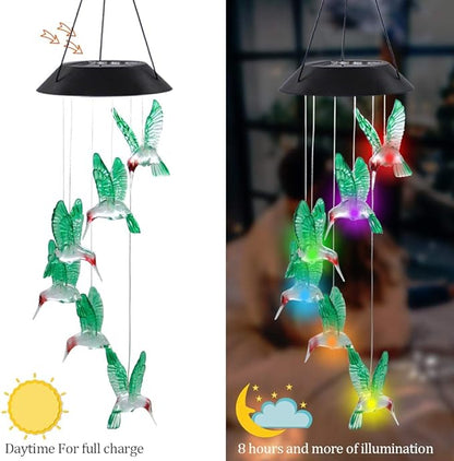 MorTime LED Solar Hummingbird Wind Chime, 25" Mobile Hanging Wind Chime for Home Garden Decoration, Automatic Light Changing Color(Hummingbird)
