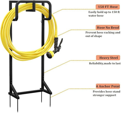 AZERPIAN Garden Hose Holder Detachable Hose Holder Freestanding Heavy Duty Metal Hose Reel Stand Water Hose rack For Outside (Black, 15.35 * 7.09 * 44.88)