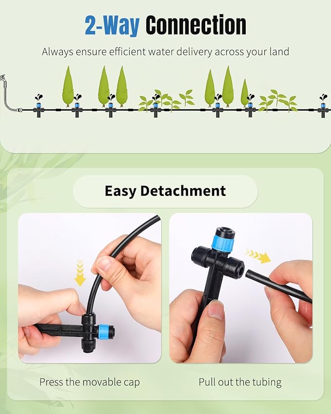 Pawfly 60 Pcs Push-to-Fit Drip Irrigation Emitters for 1/4 Inch Tubing with Stake & End Plugs, Two-Way Connection Irrigation Drippers, Drip Emitters Sprayers with Adjustable 360 Degree Water Flow